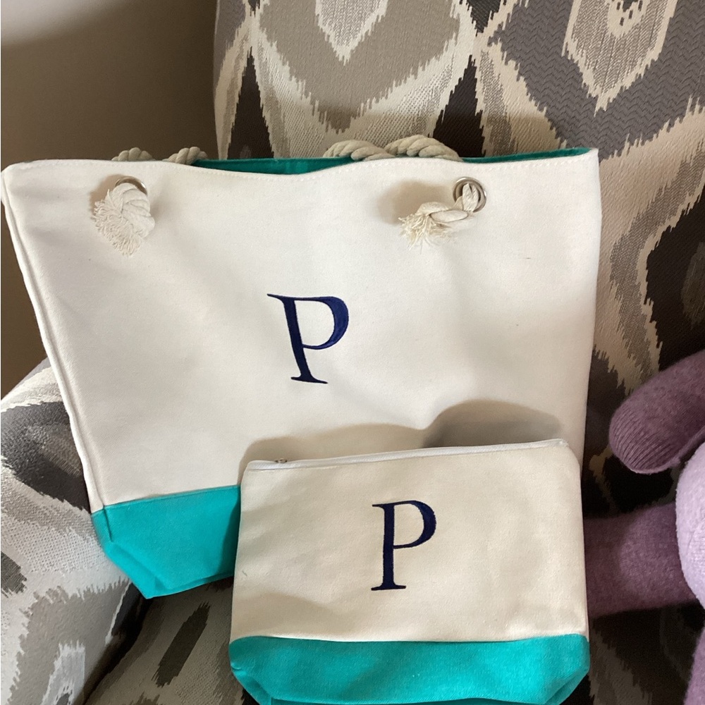Embroidered Canvas Tote and Pouch Set with Initial 'P'